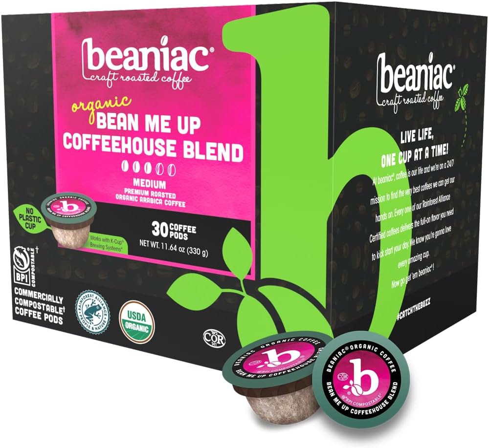 Organic Bean Me Up Coffeehouse Blend, Medium Roast, Single Serve Compostable K Cup Coffee Pods, Organic Arabica Coffee, Keurig Brewer Compatible, 30 Count