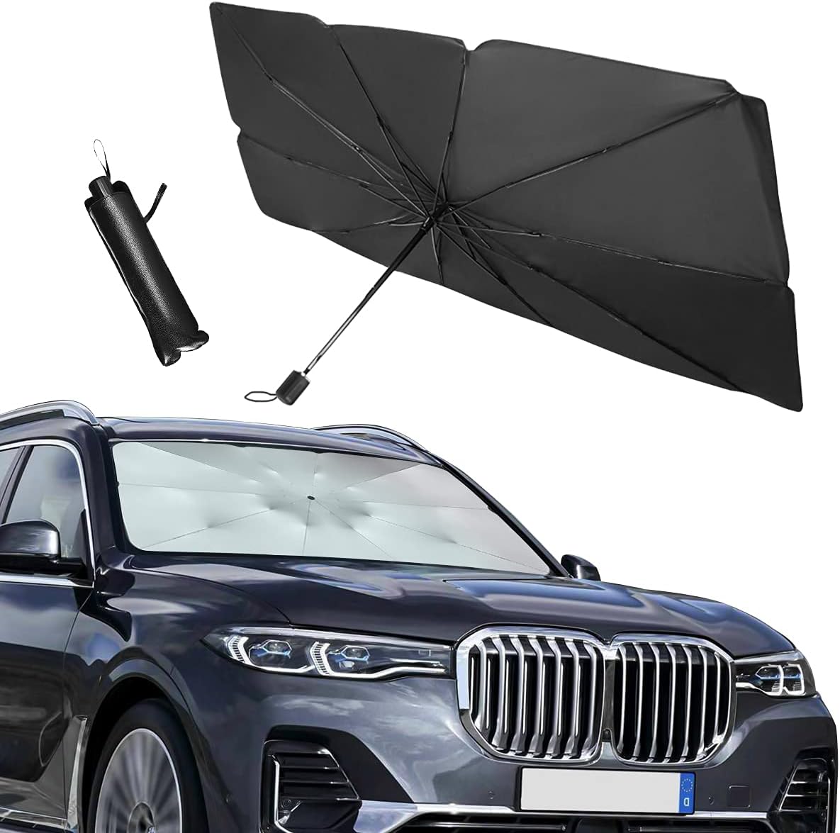 Car Windshield Sun Shade, 31"x 52" Foldable Umbrella Sunshade/Cover for Most Cars, Vehicles, UV Rays Heat Blocking, Keep Your Car Cool, Reflective Sunshade for Car Front Windshield (Black-1)