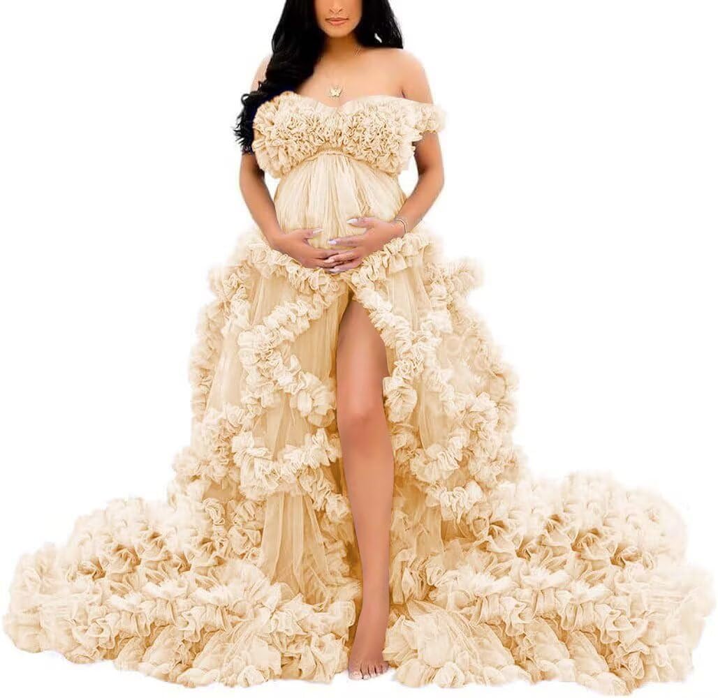 Ruffles Tiered Maternity Gown V Neck Tulle Baby Shower Dress for Photoshoot Long Puffy Pregnancy Gowns with Slit