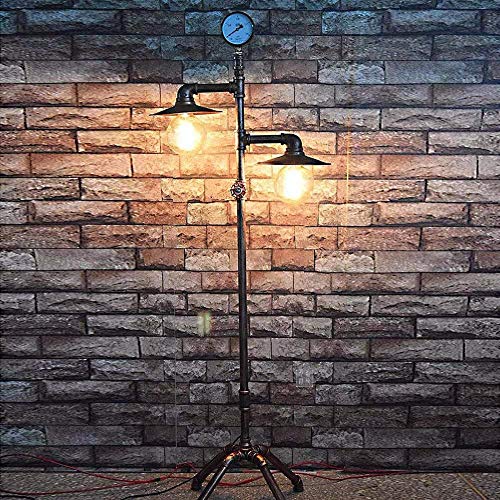 Lampadaire Industriel Rétro E27 Double Tête Faire Le Vieux Antique Cuivre Fer Forgé Pipe À Eau Lampe sur pied 1.53M Avec Interrupteur De Gradation Pour Bar...