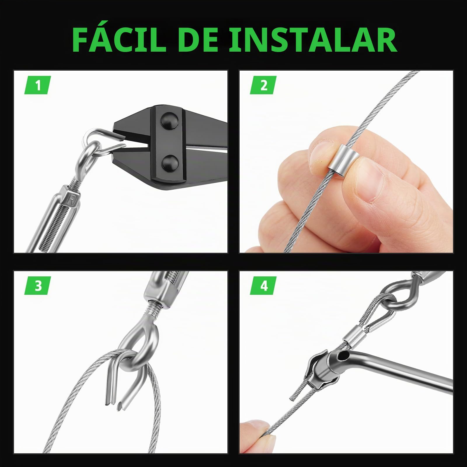 Cable de Acero Plastificado 3 mm, Fabricado en Acero Inoxidable, con 30 Metros de Longitud, Incluye Tensores de Cable de Acero, para Luces de Cadena, Tendederos y Cuerdas para Colgar Cortinas