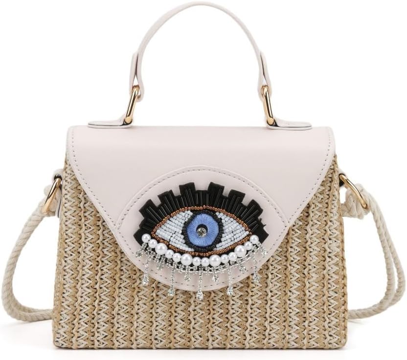 Handmade Bohemian Style Straw Handbag with Evil Eye Embellishment, Novelty Funny Crystal Decor Box Crossbody Bag Tote Clutch