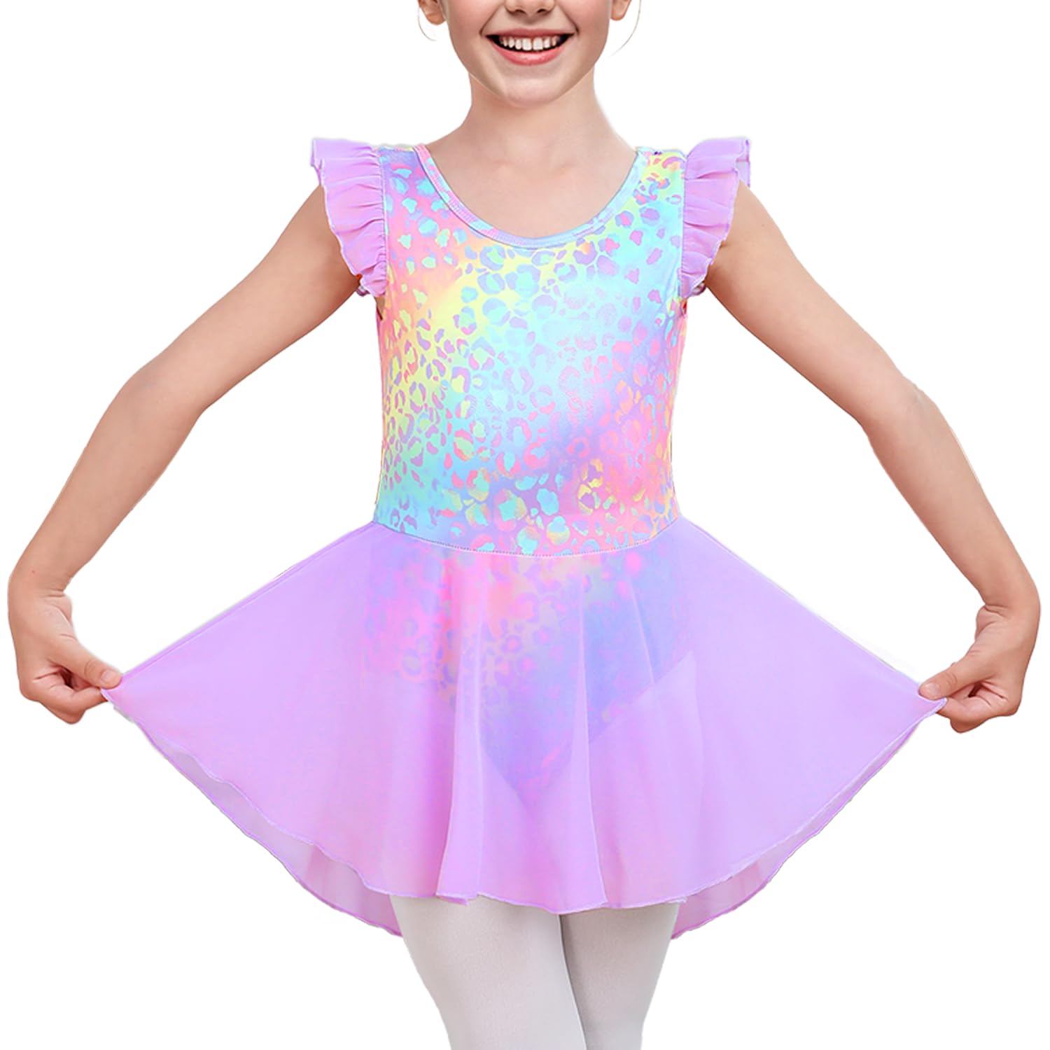 LUOUSE Elegant Girls Ballet Leotard with Skirt - Flutter & Ruffle Sleeves, Perfect for Dance & Gymnastics