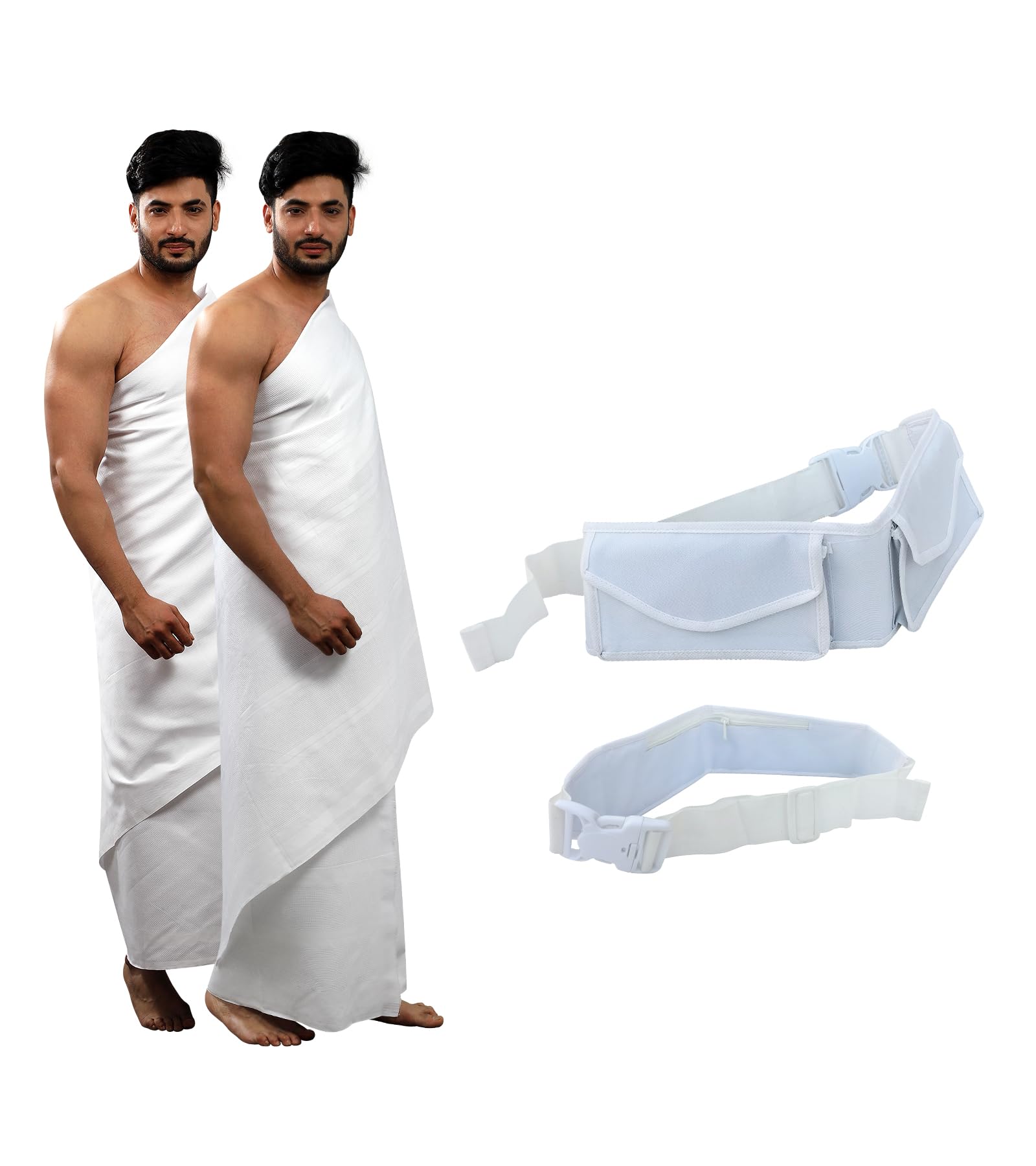 Twill Strips & Small Diamond Ihram Ahram Ehram with Free Belt For Hajj & Umrah, Pure Cotton, Pack of 4, White