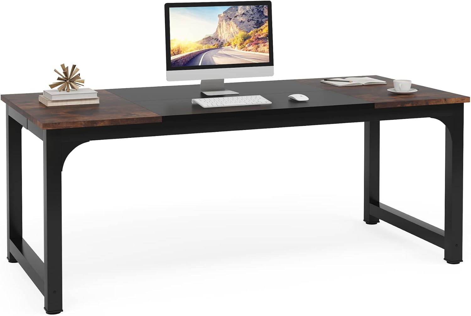 Tribesigns Modern Computer Desk, front view with monitor and accessories.