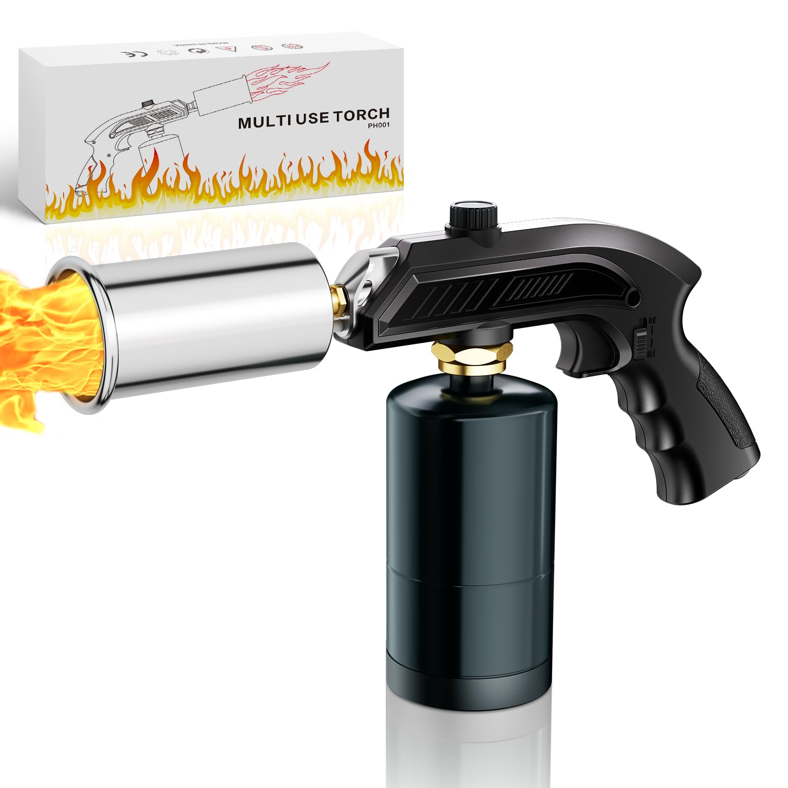 Propane Torch ，Kitchen Cooking Torch, Lighter,Safety Lock& Adjustable Flame Thrower, Kitchen Food Torch Head for Grill, Sous Vide, BBQ (Tank Not Included) (Black)