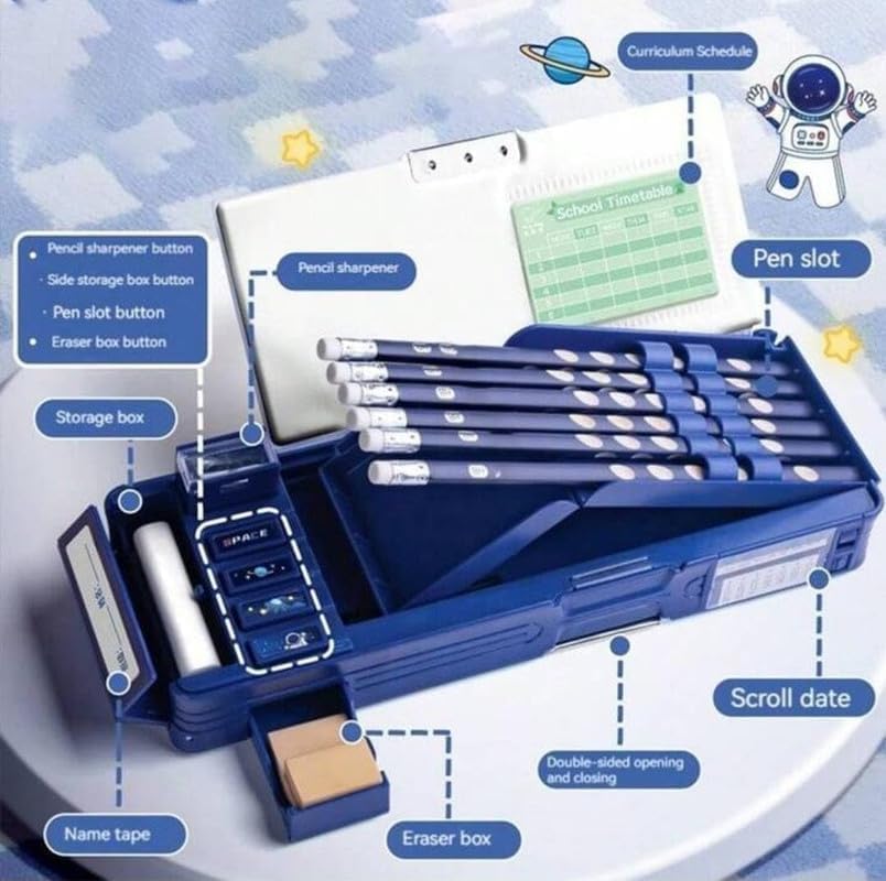 Image of Royals hub Plastic Multifunctional Space Password Lock Double Sided Compass Box for Kids, Pencil Box for Boy & Girl, Aesthetic, Space Astronaut Theme Pencil Case Return Gifts for Kids, Blue
