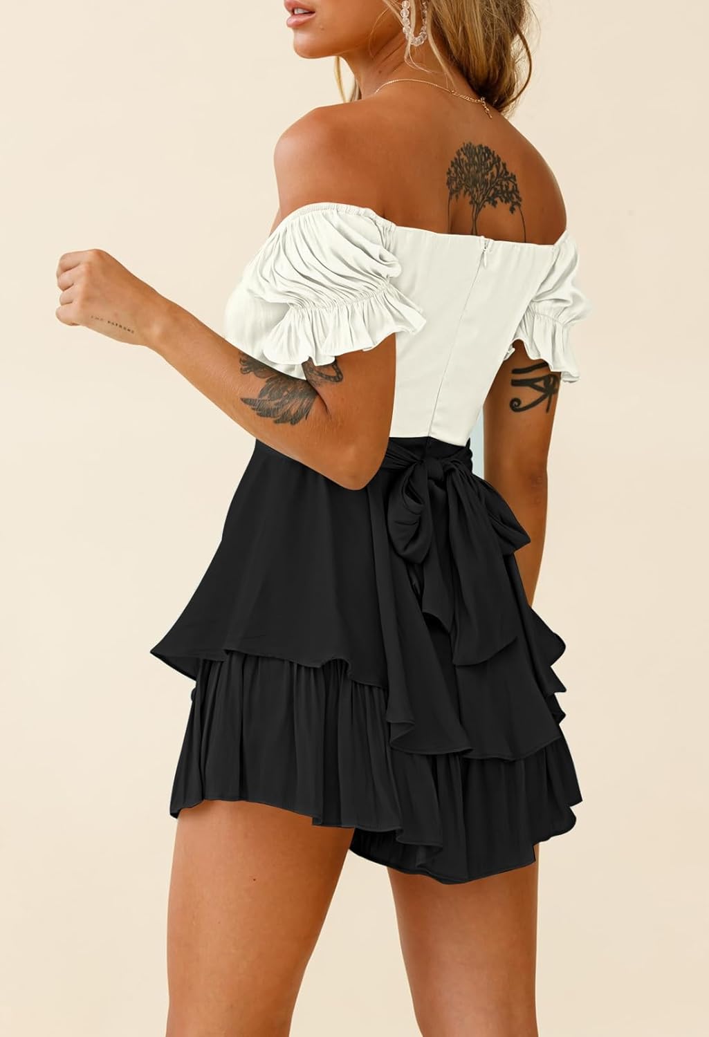 Fixmatti Women's Color Block Romper Off The Shoulder Short Sleeve Ruffle Jumpsuits Playsuit - Image 4