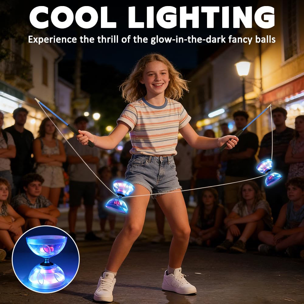 LED Diabolo mit Kugellager, LED Diabolo Freiläufer Blinkendes Dreifache, Lagerung Set mit Ersatzseil 10m, Profi-Stange, Netzbeutel, Licht D-iabolo für Kinder, Erwachsene, Anfänger und Profis