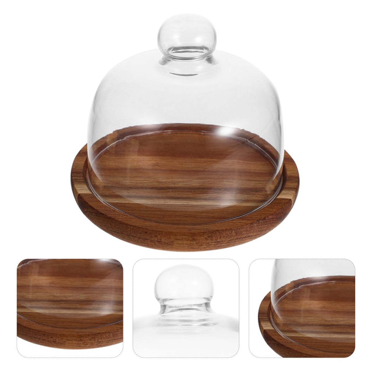 Alasum Bandeja para Tartas de Madera Cúpula de Vidrio para Cocina | Diseño Transparente Creativo, Acabado Fino, Cobertura de Alimentos y Conservación del Calor