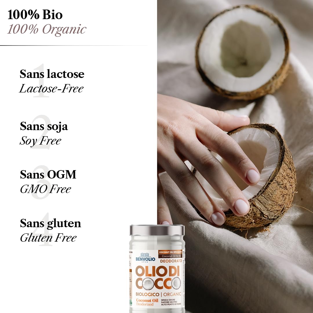 BENVOLIO - Aceite de coco orgánico desodorizado | 950 ml | Puro, versátil e inodoro | Sin lactosa | Hidratante para la piel y el cabello | Cocina y cuidado personal | Aceite de coco y kokosöl
