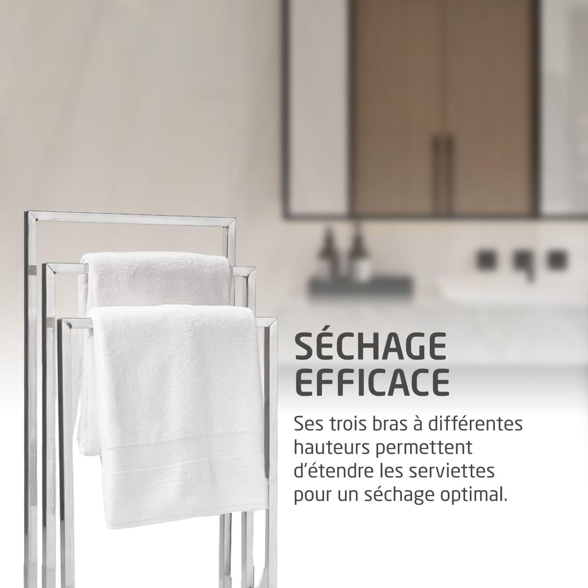 Amig – Porte-Serviettes sur Pied chromé avec 3 Barres métalliques – Support au Sol pour Serviettes de Bain – Style Moderne avec Finition Brillante et Base Stable – sans perçage