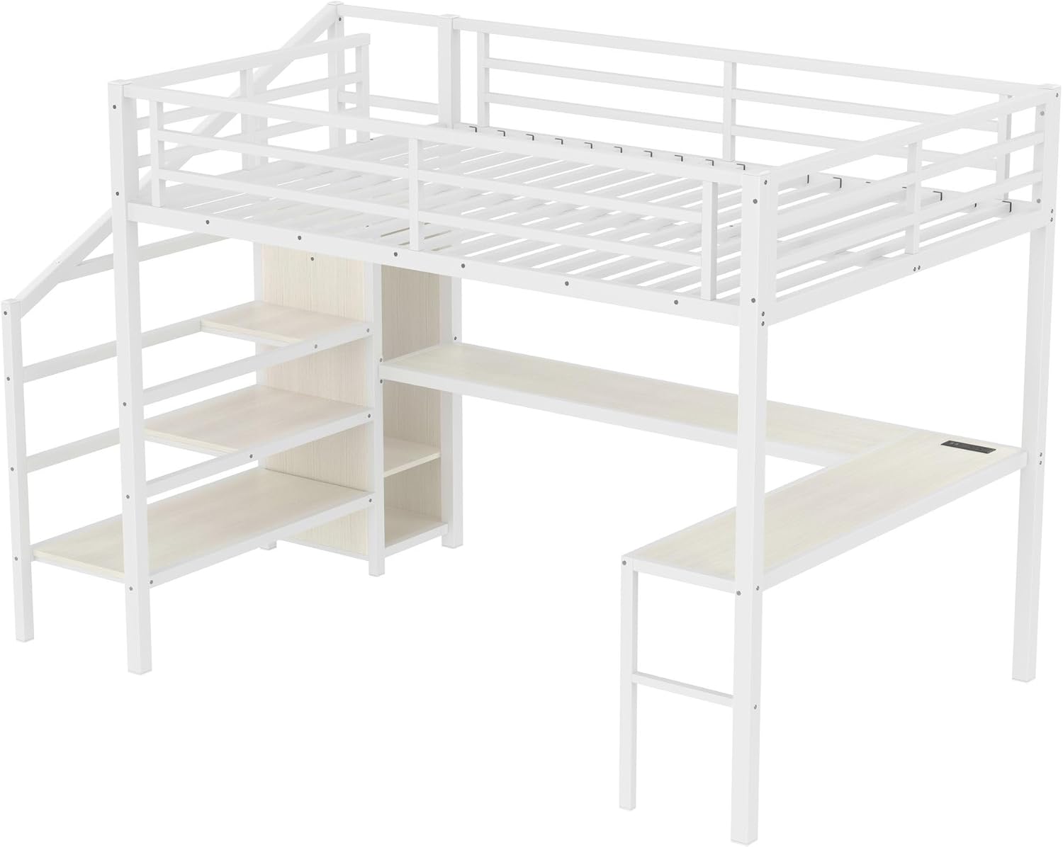 SOFTSEA Queen Size Metal Loft Bed with Wardrobe and L-Shaped Desk, Metal Bed Frame with LED, High Loft Bed with USB and Adjustable Shelf for Bedroom, No Box Spring Needed, White Wood Grain