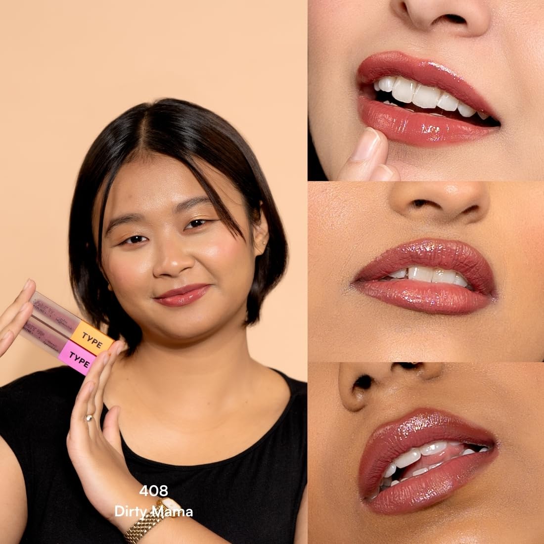 TYPE BEAUTY INC. Light Up Lip Gloss with SPF 35 PA+++ For Pigmented Lips | Niacinamide & Vitamin C | Hydrating Lip Care | High-Shine & Nourishing Formula | For Girls & Women - Dirty Mama (408) | 4.5ml