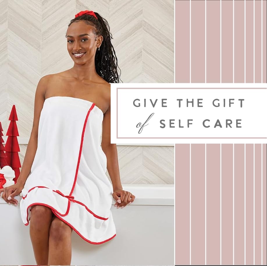 Image of Bella Sleep + Spa Spa, Shower, or Bath Wrap with Adjustable Closure for Women to Get Ready, Plush Polyester White with Red Trim, One Size Fits Most