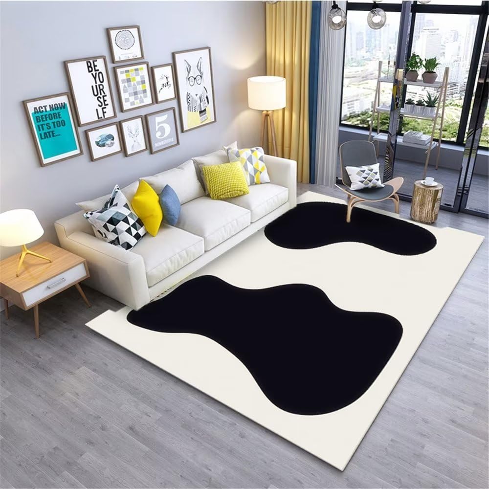 Tapis de salon noir anti-acariens et antidérapant géométrique