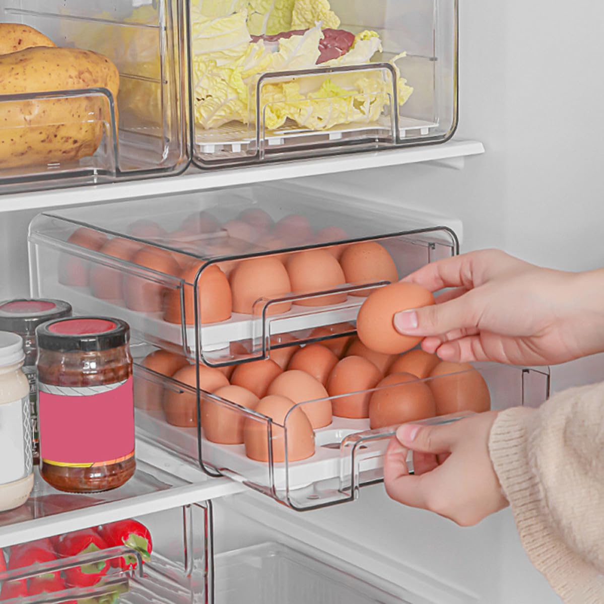 Cajón para Guardar Huevos de Doble Capa, 32 Compartimentos Pet | Organizador Huevos Frigorifico, Cajón Deslizante Transparente, Ventilación