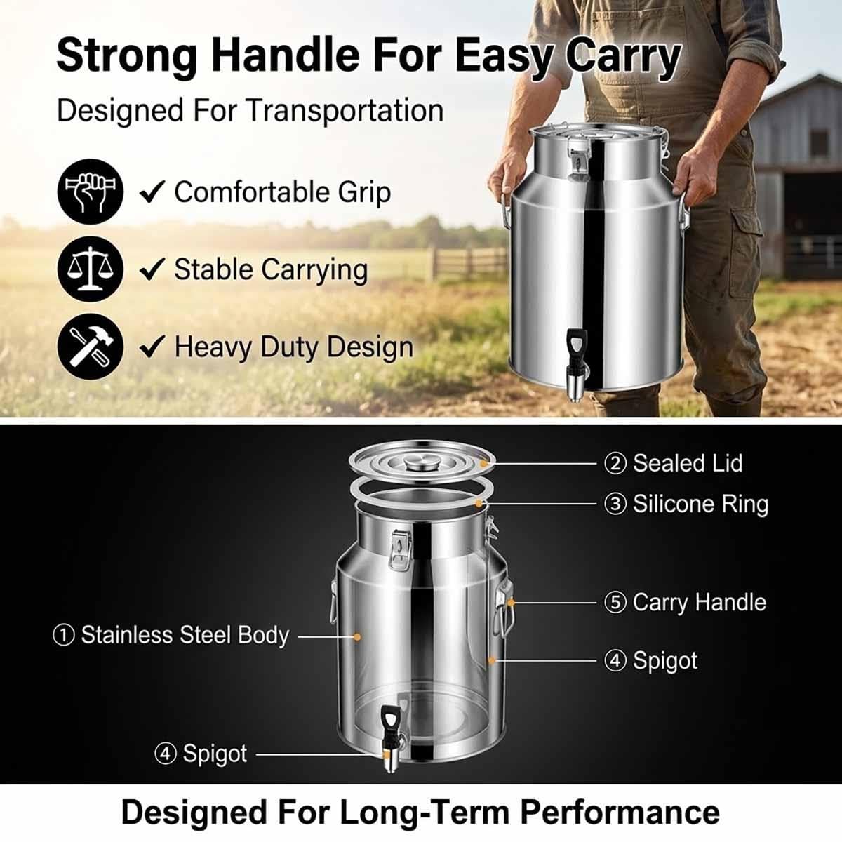 5-100L Secchio Per Latte Inox,Bidone Per Latte Acciaio Inox Per Olio E Vino