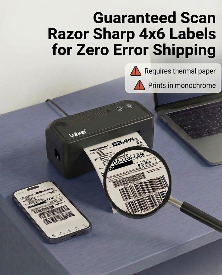 Labeer Bluetooth Thermal Label Printer, 4x6 Wireless Label Printer for Shipping Packages, Small Business Office or Home, Compatible with Windows, Mac, Android, iOS, Shopify, Etsy, UPS