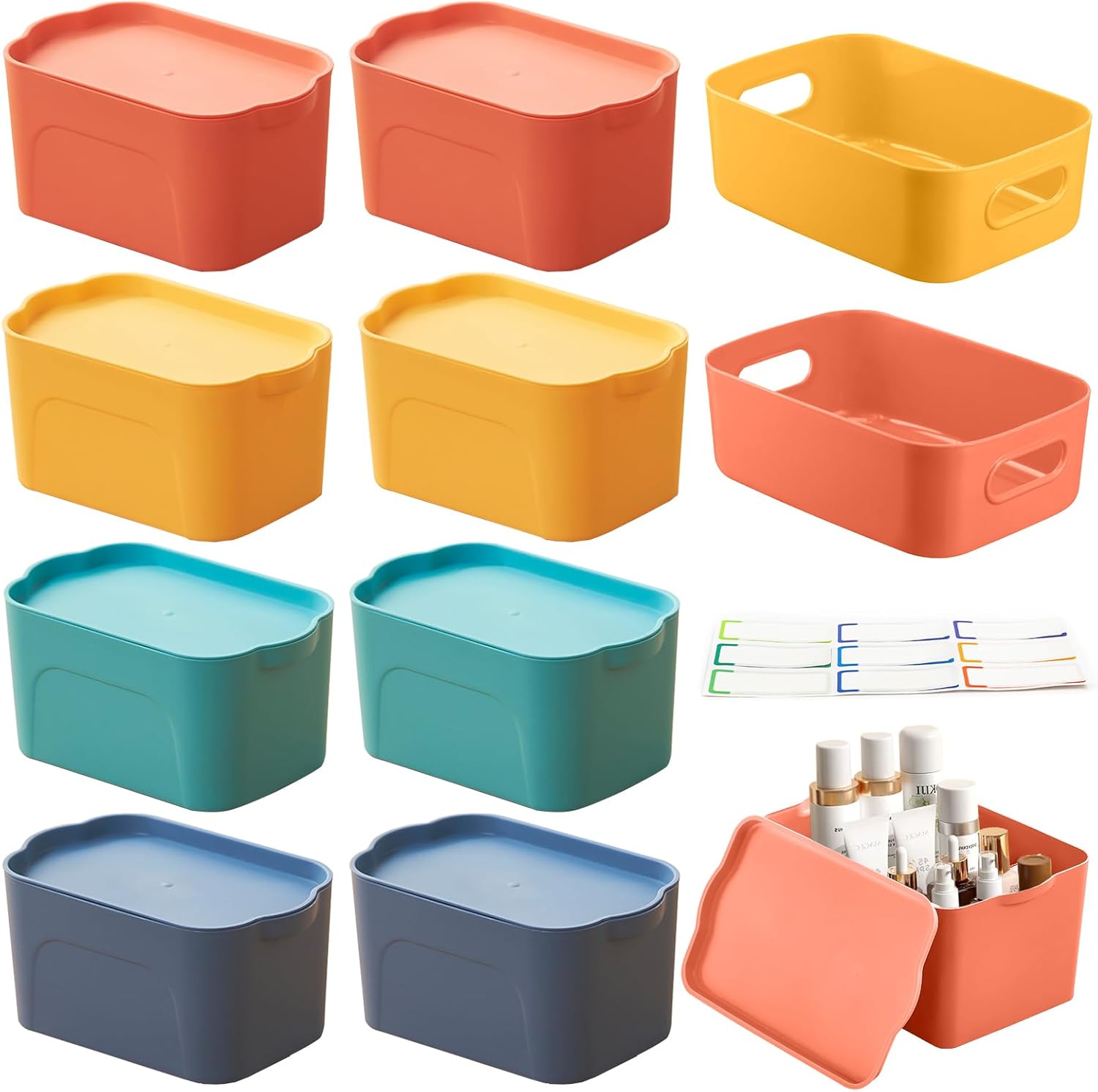 10Pack Colorful Storage Bins with Lid and Handle, Plastic Storge Box Stackable Baskets Desktop Cubby Bins Containers for Shelf Cabinet Bedroom Office (Yellow/Blue/Green/Orange, 8.66x5.5x4.35 inch)