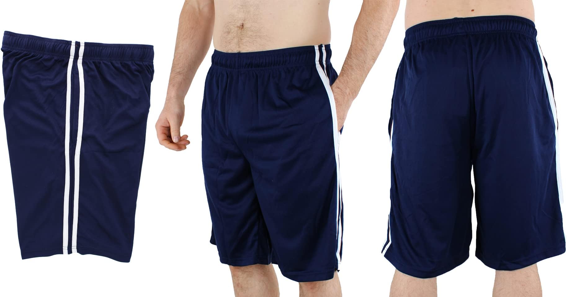 Comfy Lifestyle Menââ‚¬â„¢s Athletic Workout and Lounge Shorts, Active and Mesh Material with Drawstring, 2 Pockets, Navy/White Stripe, Large