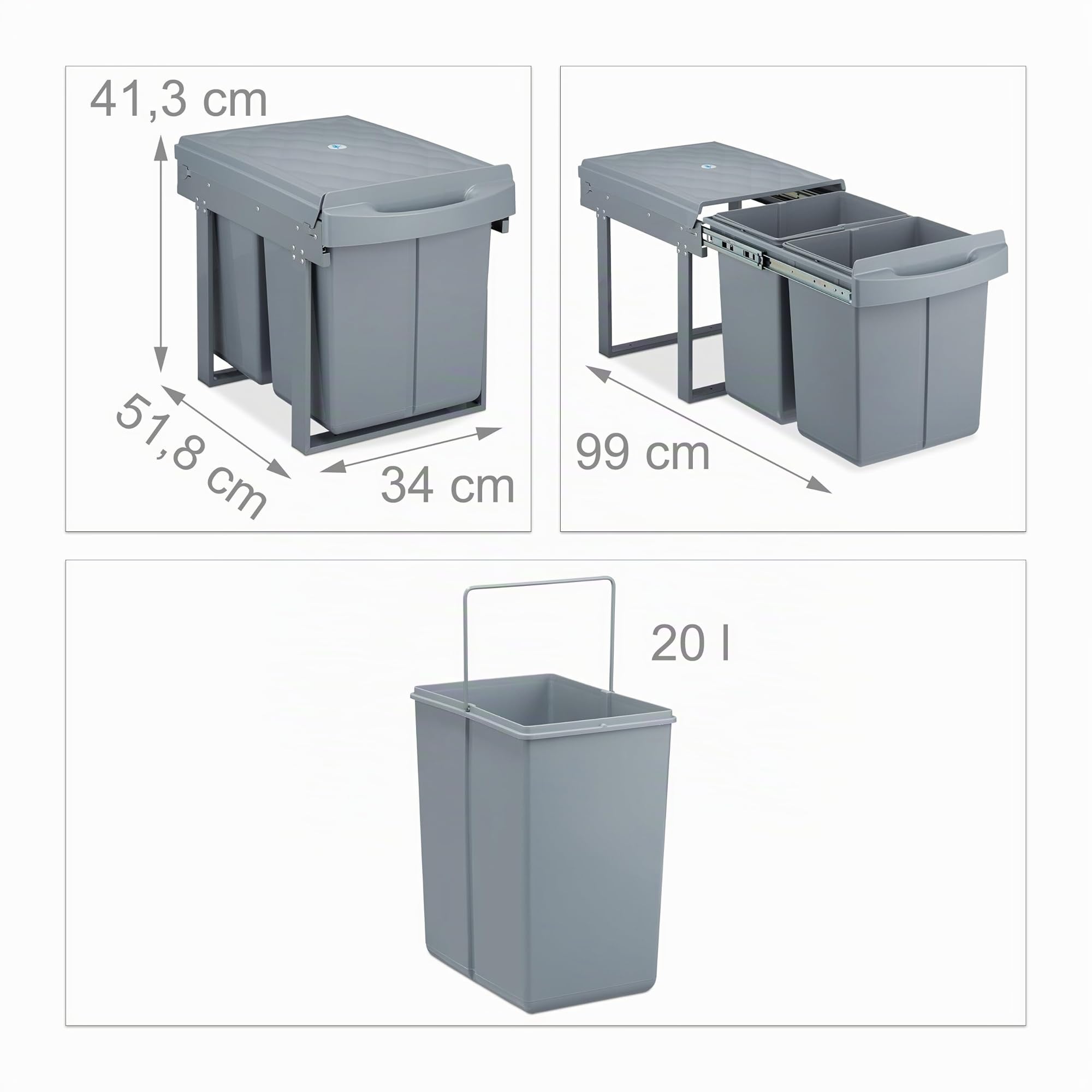 Relaxdays Cubo de Basura 2 Compartimentos, Papelera Cocina Extraíble Bajo Fregadero, 2 x 20L, 41,3 x 34 x 51,8 cm, Gris