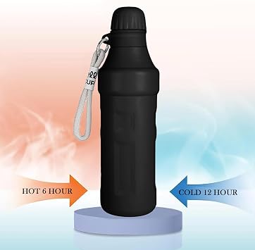 Insulated Water Bottle, 500ml/17oz Stainless Steel Double Wall Metal Leak Proof Vacuum Flask for Keep Hot & Cold, Reusable Thermal Flask with Lanyard, Thermal Bottle for Travel Sports Gym (Black)