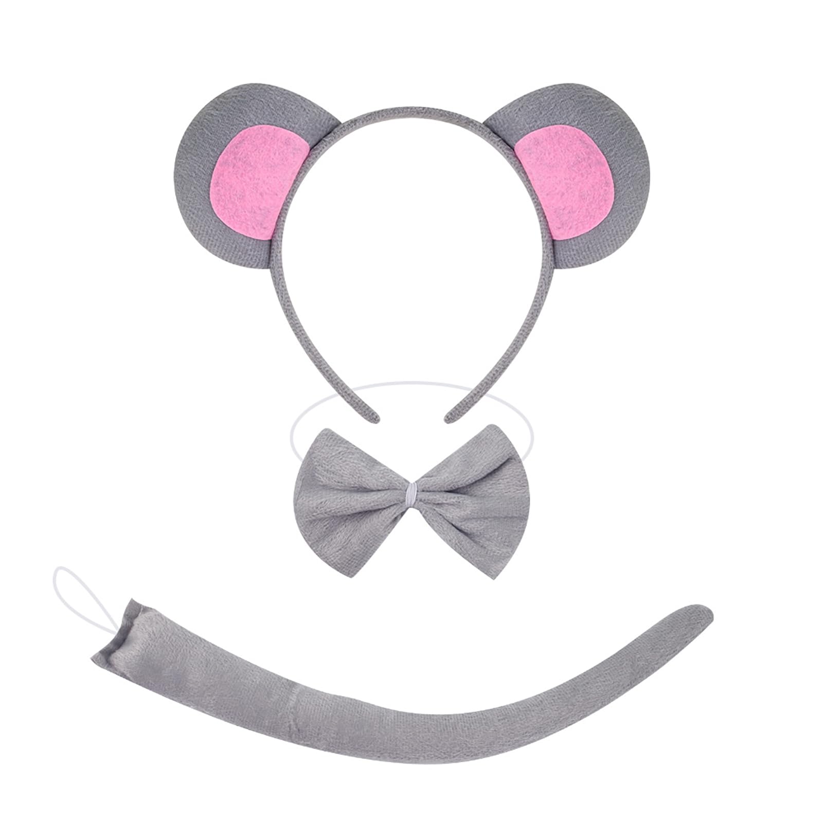 AMWYODK Bunny/Rat Costume Set, 3pcs Easter Bunny Ears,Rat Ears, Tail, Bowtie, Animal Cosplay for Halloween Accessories (gray rat)