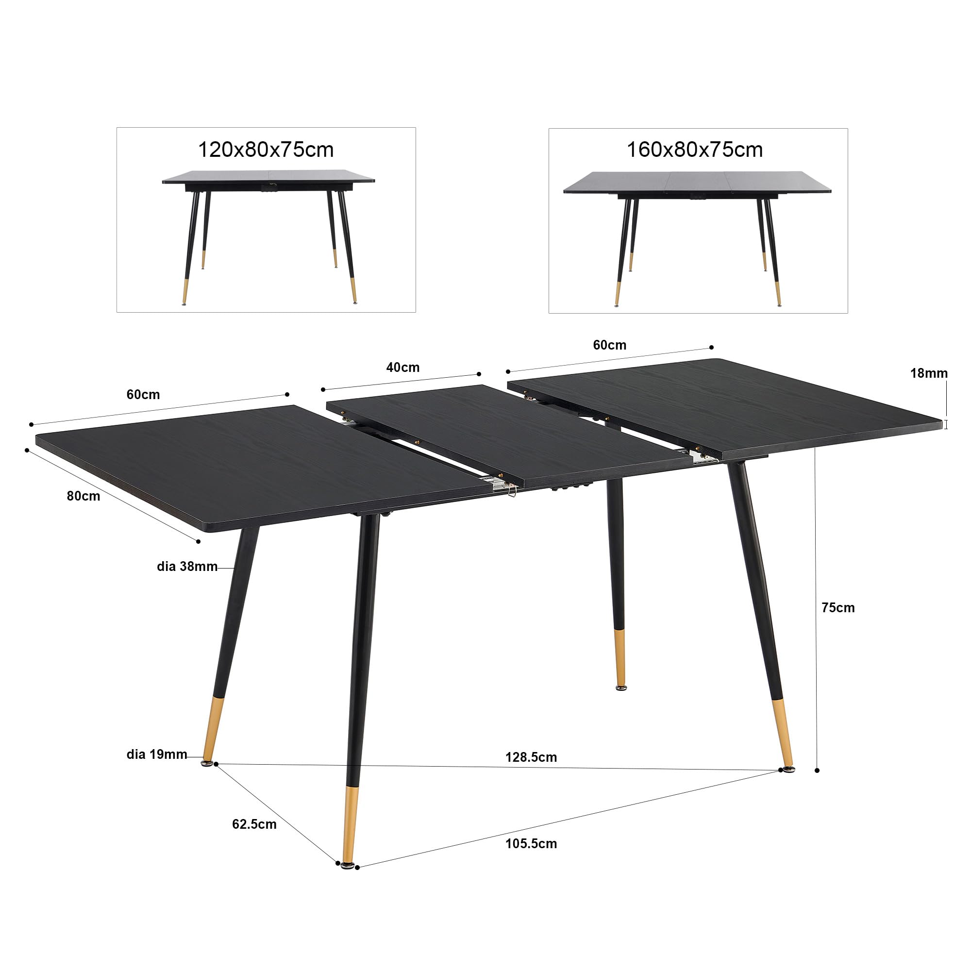 MEUBLE COSY Tavolo da Pranzo Allungabile Cucina Tavolino da Soggiorno per 4-6 Persone, Stile Industriale, Struttura in Metallo, Nero e Oro, 120-160x80x75cm