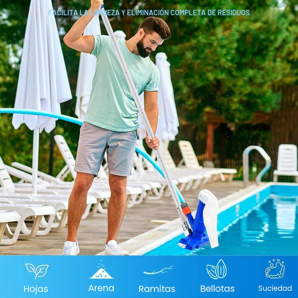 Limpiador Piscina Fondo,Aspirador Piscina,Kit Mantenimiento Piscina,Lncluye 6 Varillas Reforzadas-Conexión de hasta 2,1 M de Longitud-para Piscinas, Fuente, Hidromasaje