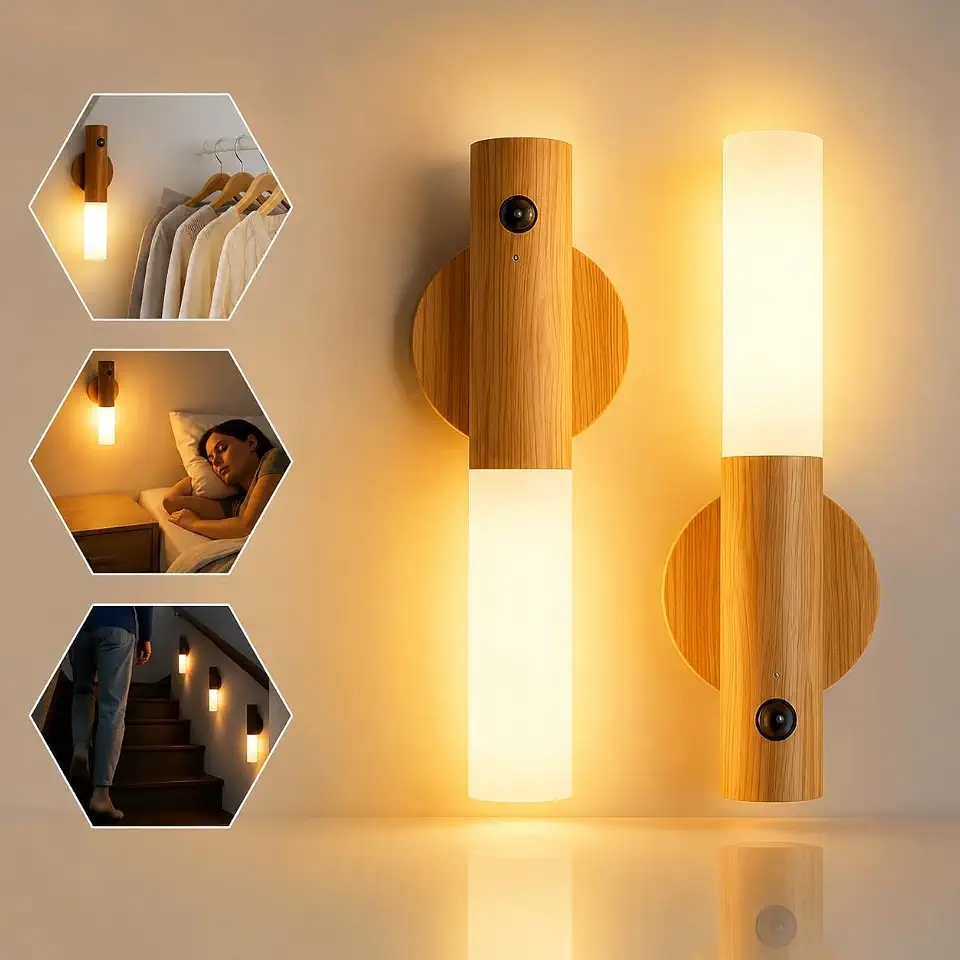 Luminária LED Bastão com Sensor de Presença/Movimento - Recarregável, Portátil, Magnética (NÃO PRECISA FURO) - Detalhe em Madeira Moderna Decorativa - Luz p/Corredor, Armário, Quarto, Leitura