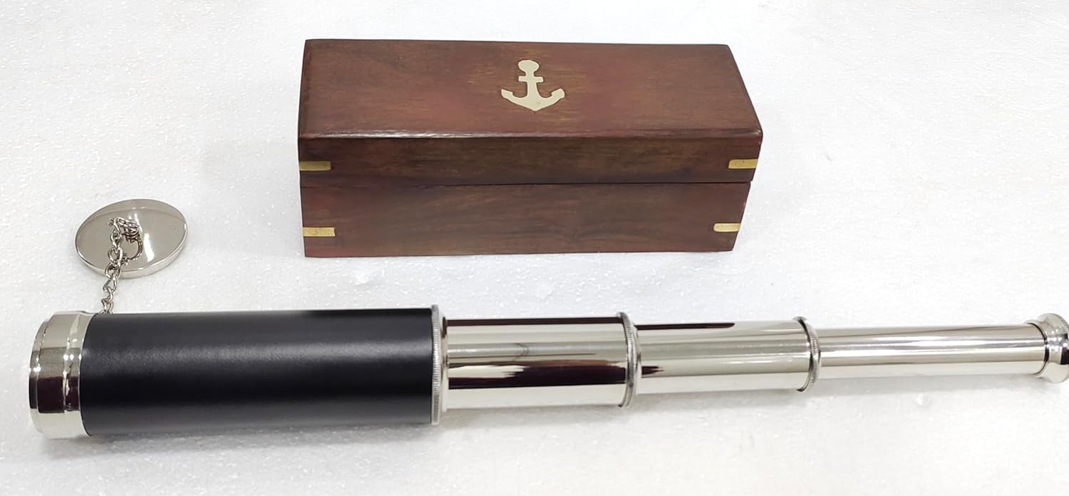 Antique Pirate Telescope - 16" Brass Spyglass With 15x Magnification & Wooden Case, Nautical Decor Collectible