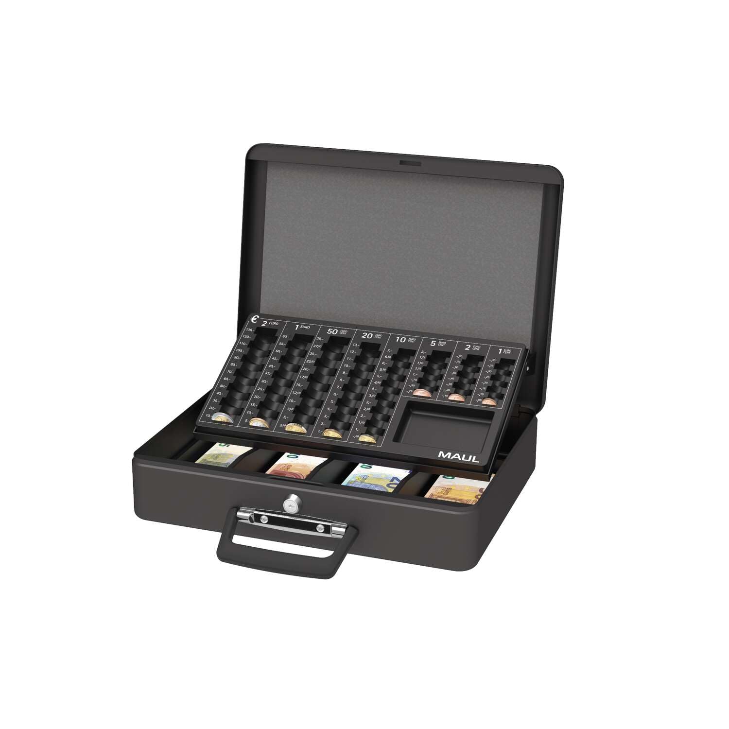 MAUL Caissette à Monnaie en Acier avec Insert de Comptage, Verrouillable, Compartiment à Billets Amovible, Caisse Portable avec 2 Clés, Convient Comme Coffre-​Fort, Caisse à pourboires, Noir