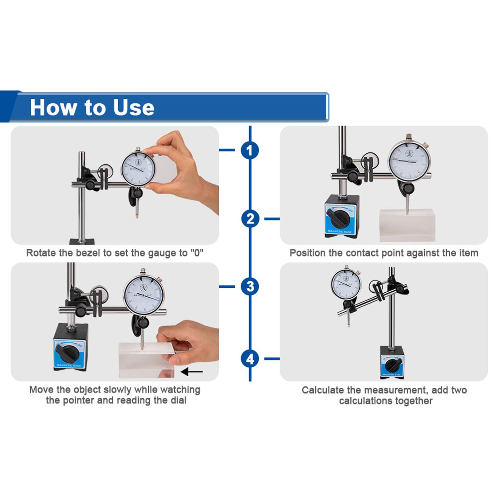 Naroote Set Comparatori a Quadrante da 0-10 Mm, con Supporto Base Magnetica, Braccio Lungo Regolabile e Precisione di Prova da 0,01 Mm per Misurazione e Ispezione Accurati