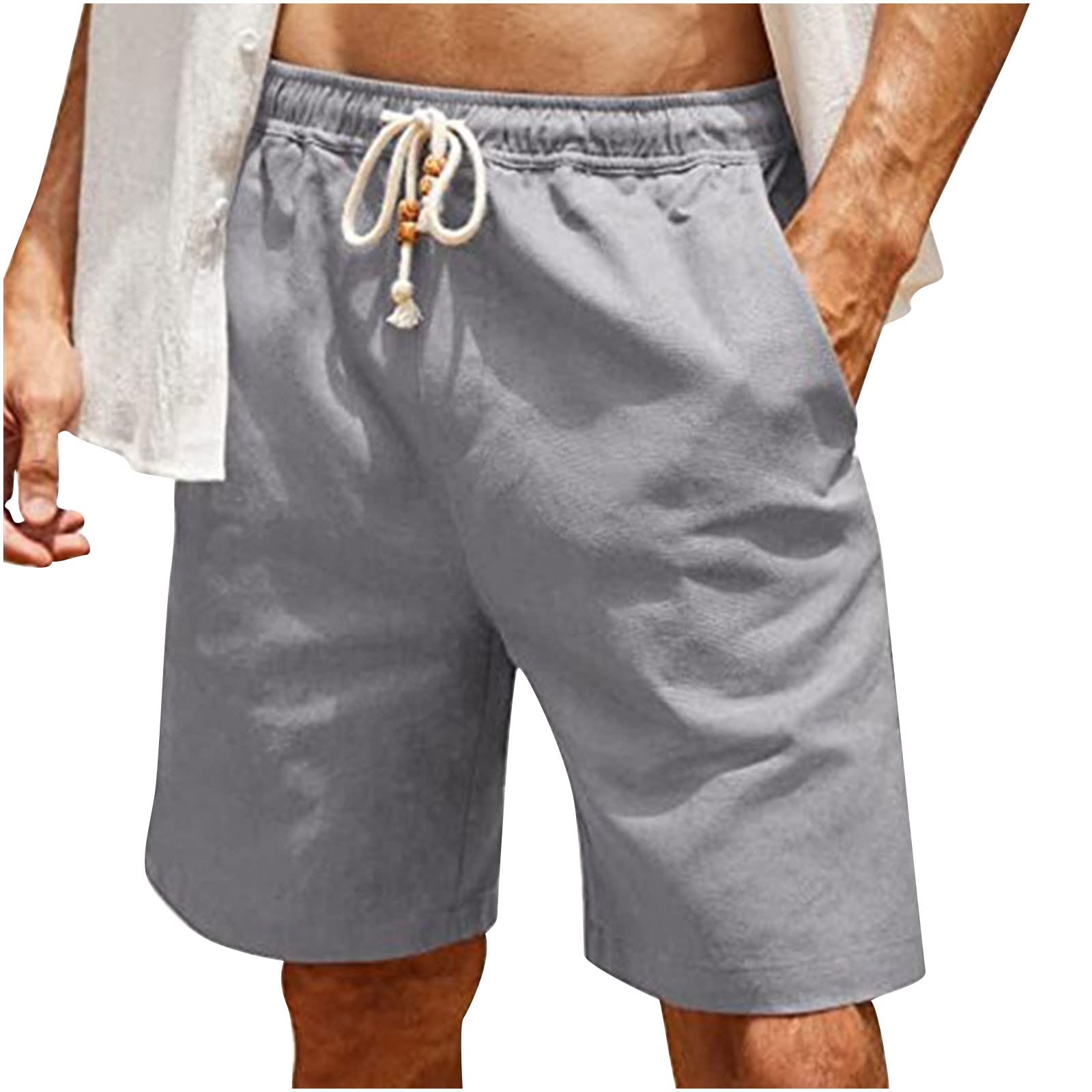Guhmomh Shorts Herren Sommer Baumwolle Kurze Hosen Leinenhose Kurz Freizeithose Sporthose Bermuda Sommerhose Leicht Atmungsaktiv Jogginghose Leinen Strand Freizeit Laufhose Baggy Wanderhose Grau L