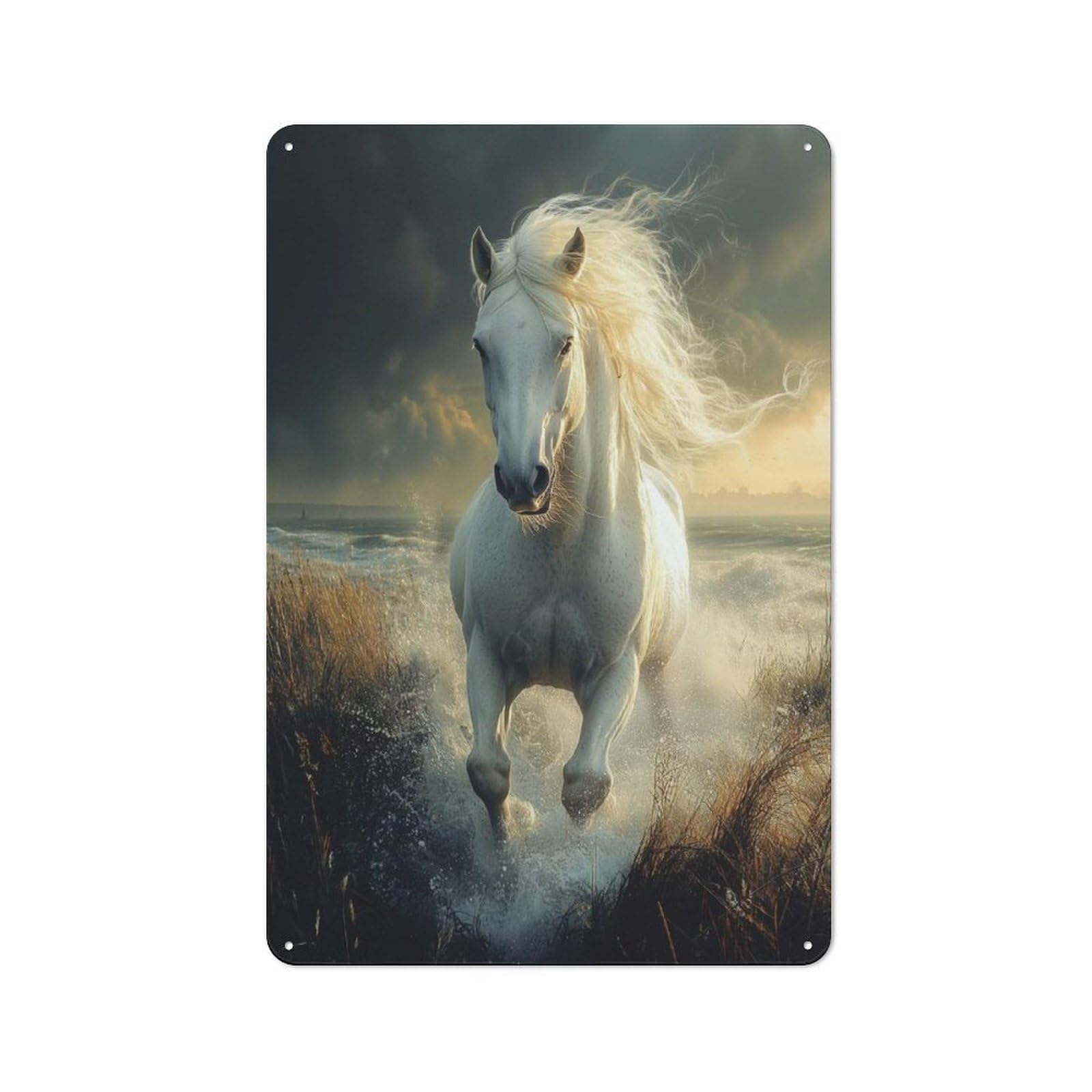 Junmoney White Horse Galloping Through Water Vintage Metal Wall Decor 30X20cm, Garage Metal Sign For Garage, Workshop, Shed Or Utility Room