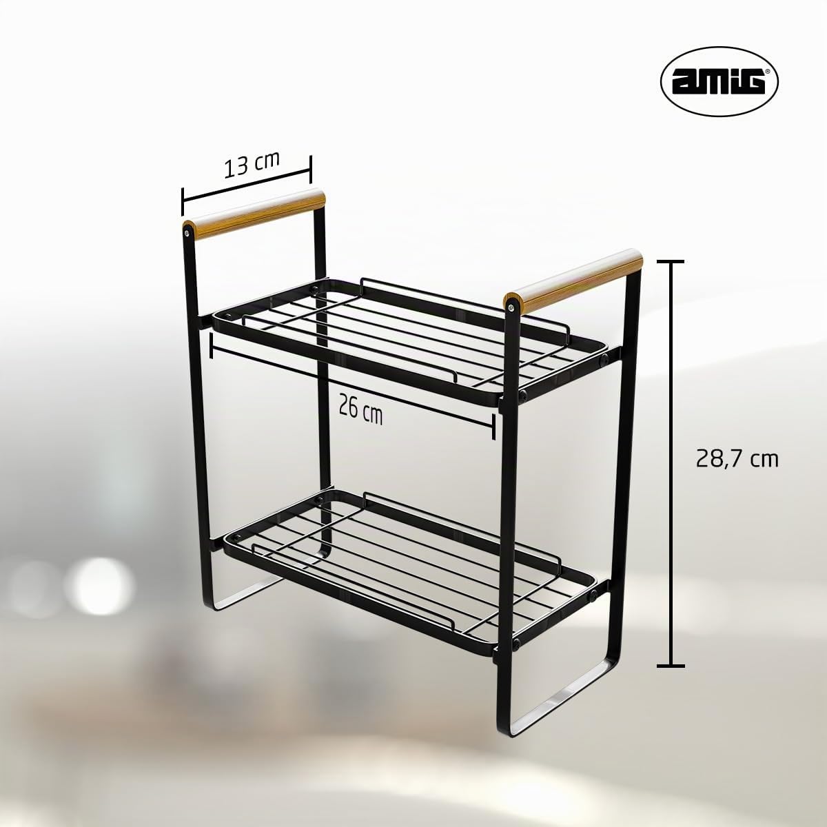 Amig - Scaffale Portatile a 2 Livelli - Organizer per Cucina o Bagno - Acciaio Nero e Bambù - Dimensioni: 260 x 130 x 287 mm