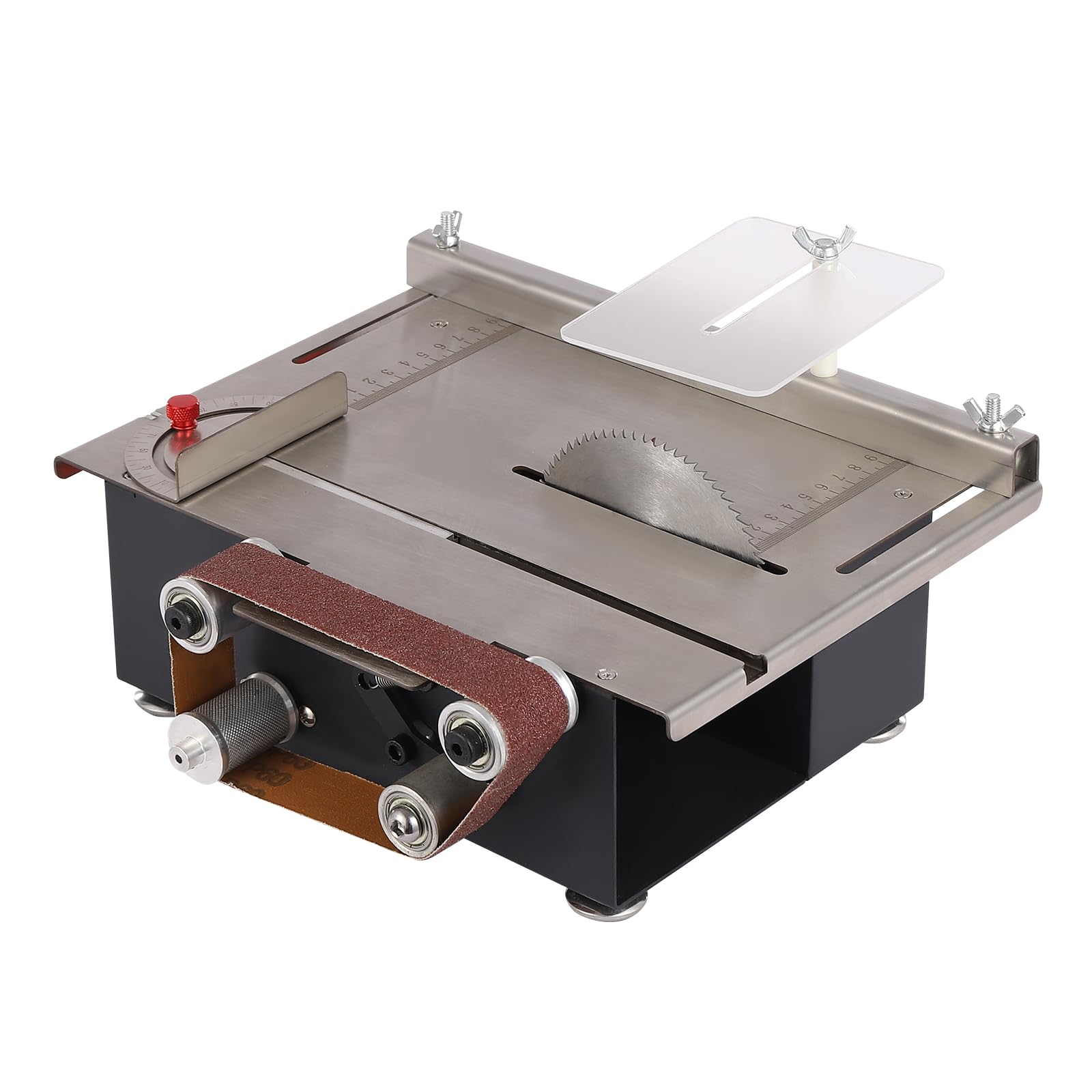 Mini stołowa piła tarczowa, 200 W, 10 000 obr./min, stołowa piła tarczowa z 4 brzeszczotami, głębokość cięcia 33 mm, regulacja kąta 0-90°, 7 biegów, szlifierka taśmowa do rękodzieła w drewnie, DIY