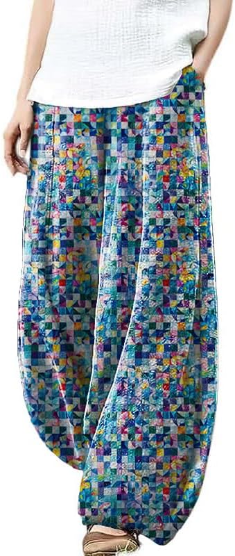 Women's Wide Leg Harem Pants Graffiti Printed Baggy Elastic Waisted Cotton Palazzo ...