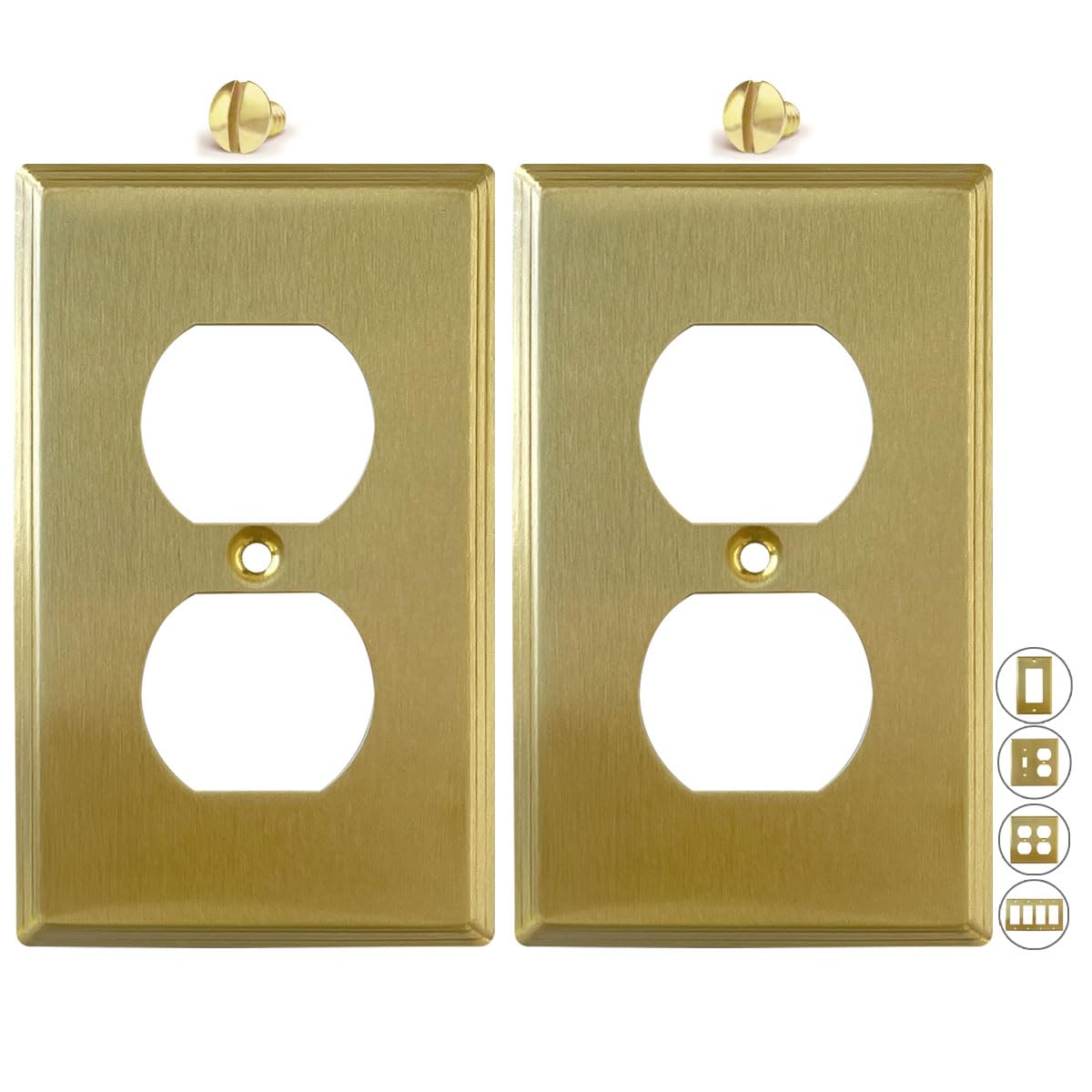 Rio Salto BRASS Gold Outlet Cover or Light Switch Cover Wall Plate MIDSIZE Metal Single Duplex Receptacle Wallplate Covers 1 Gang Single Gang Brushed Brass Modern Linear (2-Pack, 1-Gang Duplex)
