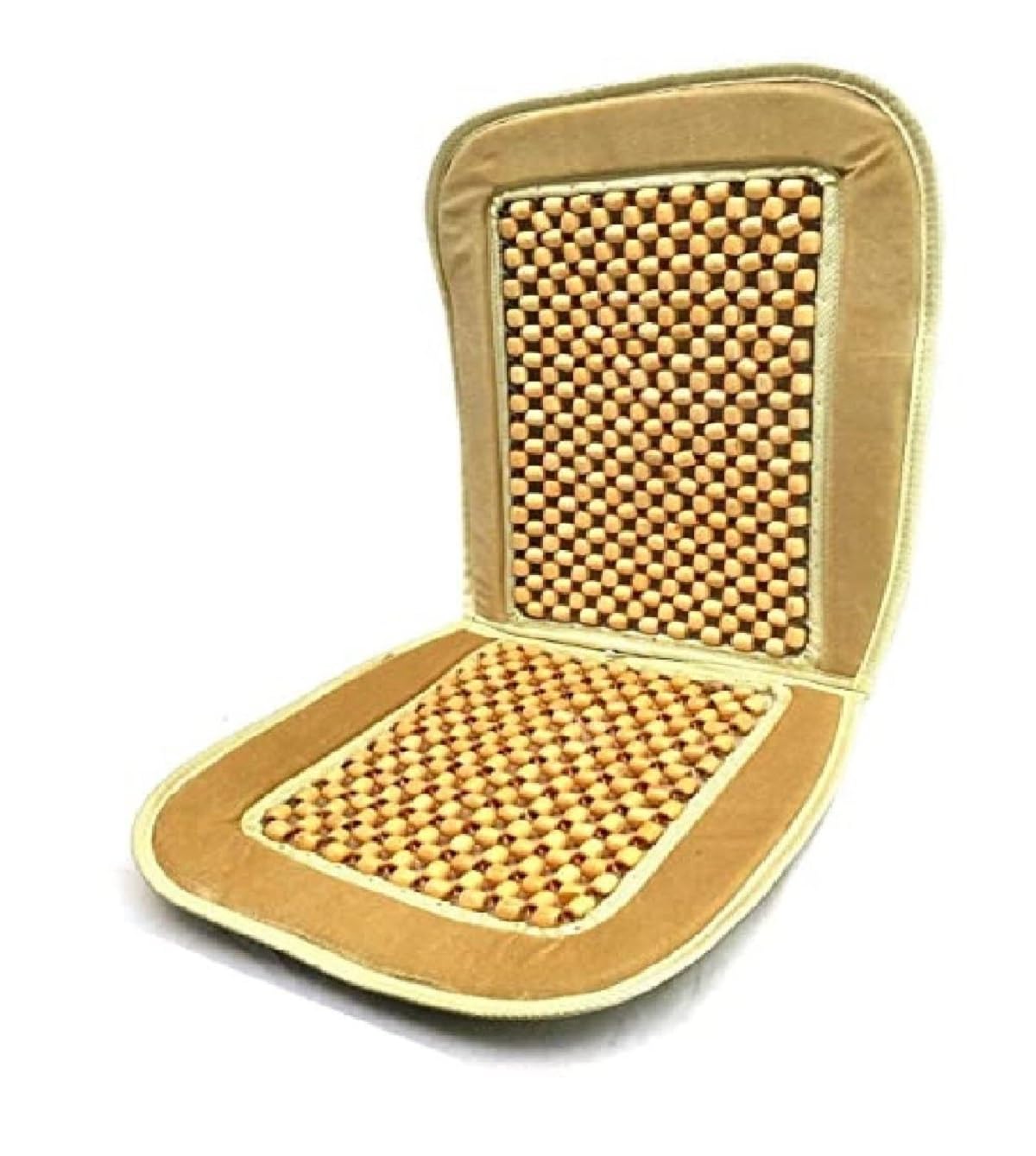 DETACHI VW1 Wooden Velvet Border Bead Seat with Anti-Slip Accupressure Design for Car Seat & 1Pc (Beige Color)