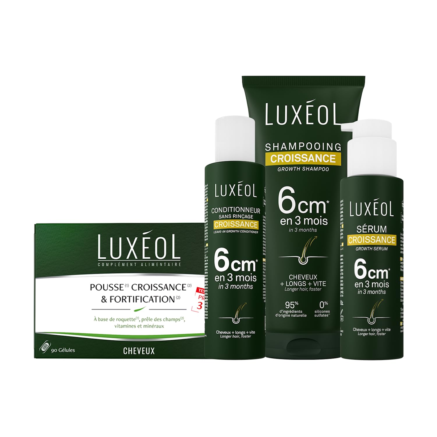 LUXEOL - Routine Croissance In & Out* - Cheveux + longs + vite - Shampooing (200 ml) + Conditionneur (150 ml) + Sérum (100 ml) + Complément Alimentaire Pousse, Croissance & Fortification (3 Mois)