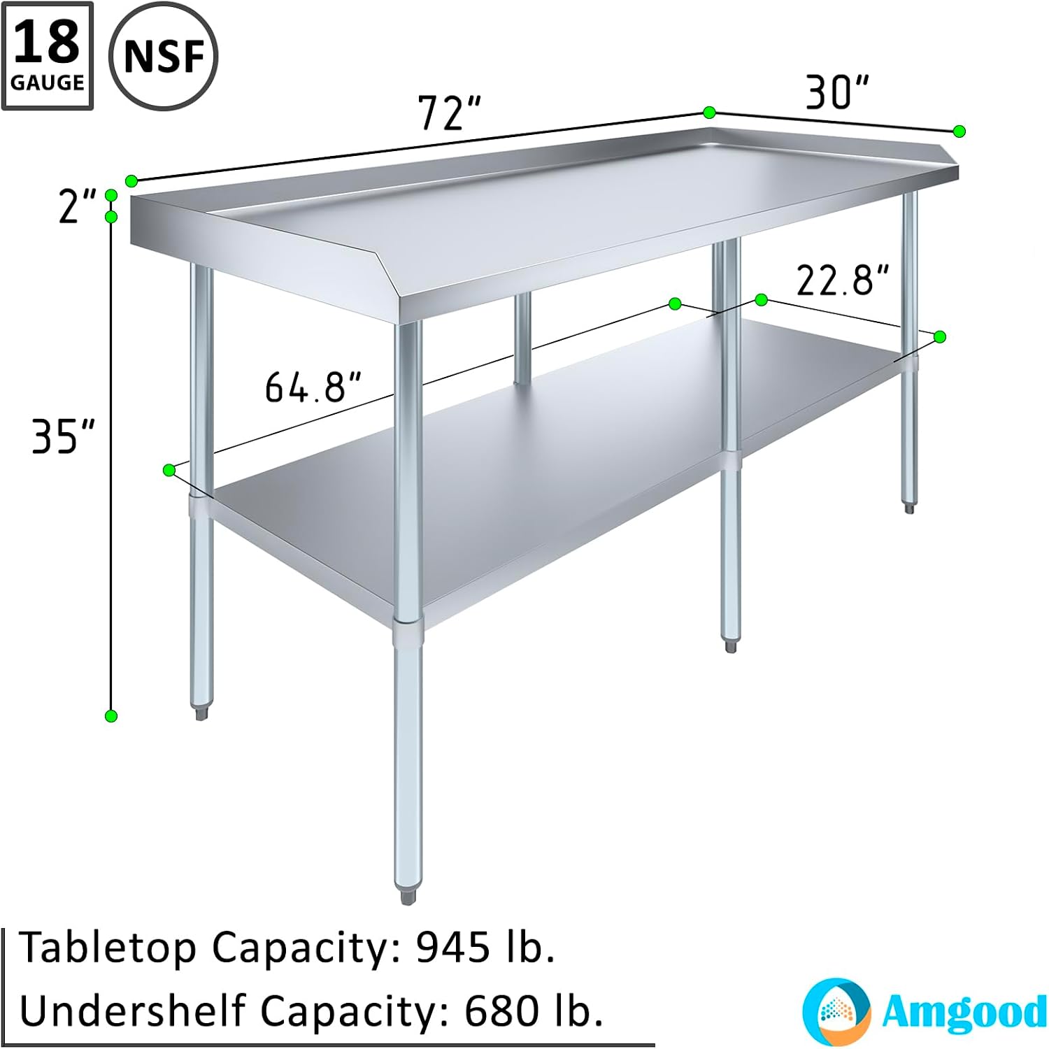 AmGood Commercial Work Table with Backsplash and Sidesplashes | NSF (Stainless Steel Table with Sideguards, 72" Long x 30" Deep)