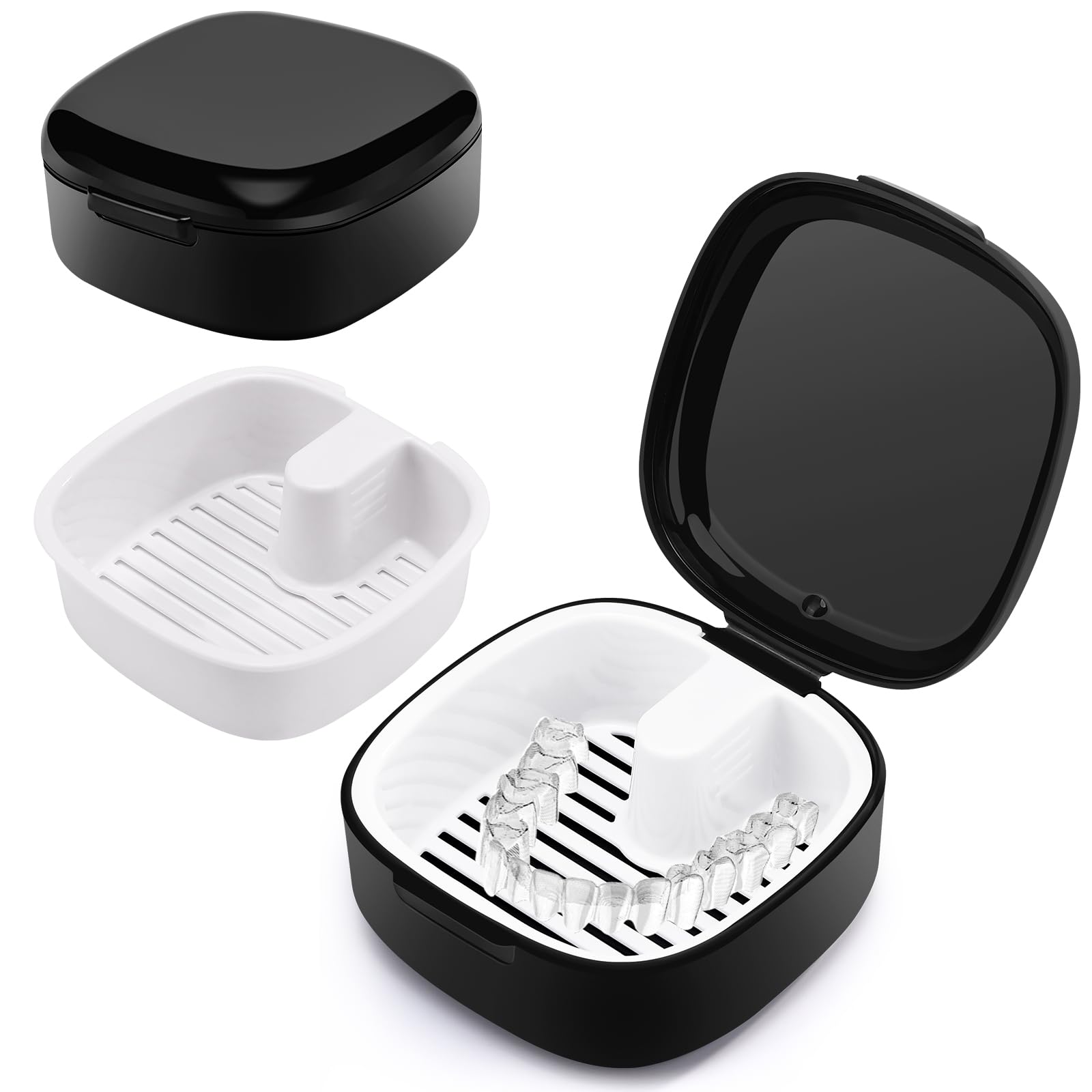 Zahnprothesenbox mit Sieb, Tragbare Gebissdose, Prothesen Prothese Box, Zahnprothese Box Retainer für Reise Reinigung, Aufbewahrung & Reinigung (Schwarz)