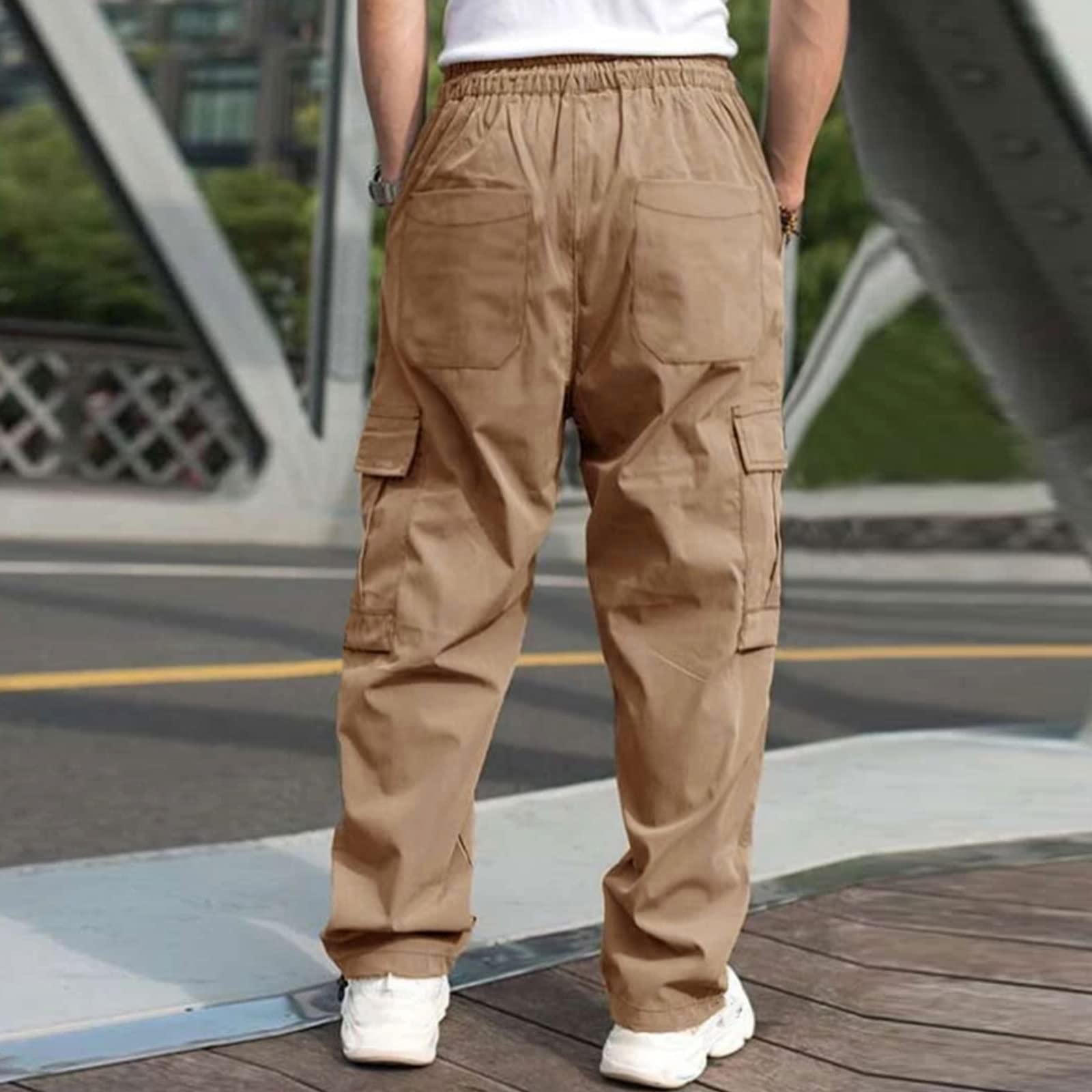 ??Baggy Cargo Sweatpants for Men Streetwear Oversized Joggers Drawstring Waist + Side Zipper Pockets Loose Fit Hip Khaki