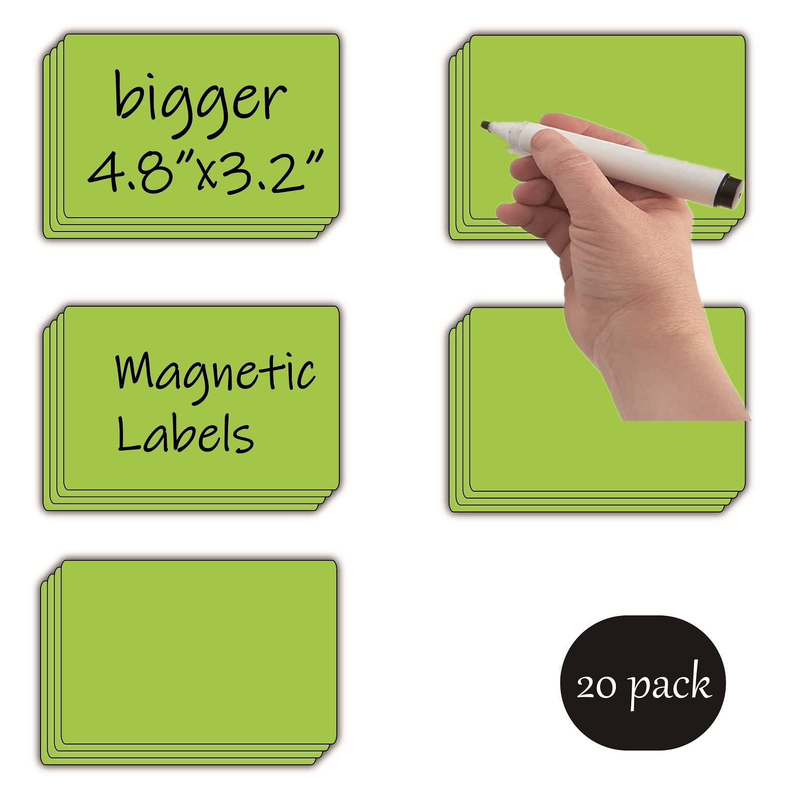 STTMGN Etichette magnetiche grandi cancellabili a secco (4,8 x 3,2, confezione da 20), grandi etichette magnetiche da scrivere, impermeabili, riutilizzabili, per frigorifero, armadietti, lavagne