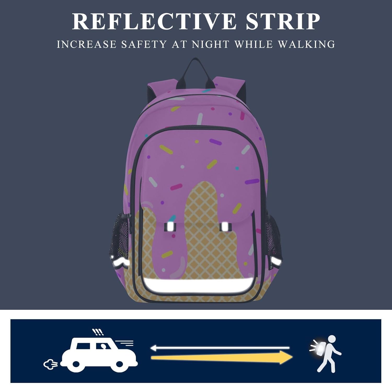 Kids Backpack for Boys Girls Bookbags Elementary Backpack Pink Ice Cream School Bags Travel Daypack Lightweight Waterproof with Reflective Strip - Image 5