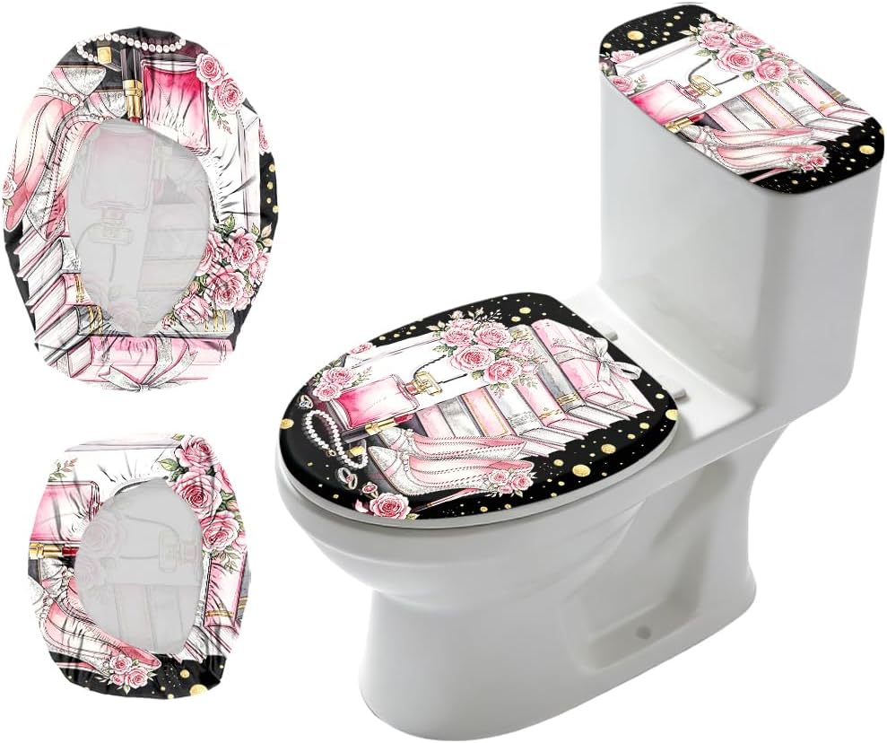 2Pcs High Heel Toilet Lid Cover and Tank Cover Set Stretch Cover Sets Makeup Toilet Seat Covers Fabric Sets Machine Wash Fits Round Elongated Oblong for Bathroom Replacement