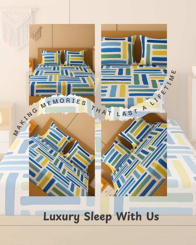 Image of NEW LEAF 320 TC Cotton All Around Elastic Fitted Printed Bedsheets King Size, Premium Fitted Bedsheets King Size for Double Bed with 2 Pillow Covers, Size- 78 inch x 72 inch Blue White