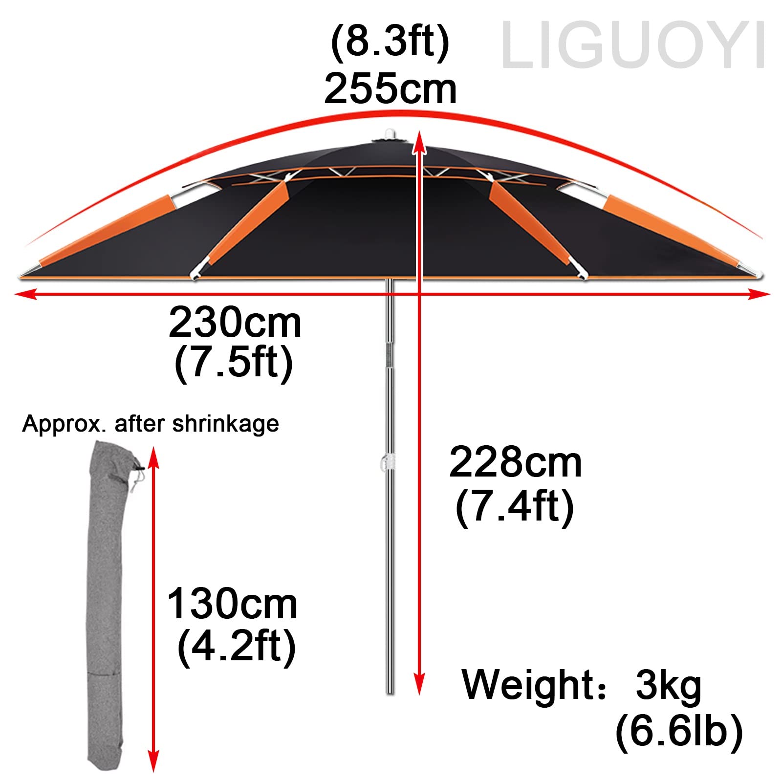 LIGUOYI Zewnętrzny parasol przeciwsłoneczny parasole plażowe 16,5/7/7,7/20 m parasole wędkarskie z kotwicą piaskową, schronienie przenośny wiatroszczelny słup ze stali nierdzewnej, przechylana regulowana wysokość, 255cm(8.3Ft)